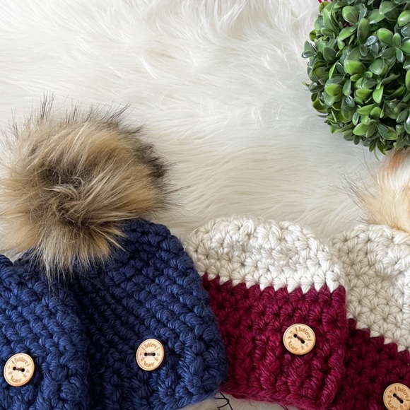 6-12 Month Colour Block Crochet Hat Removable Pompom | Merlot & Natural, Winter - Picture 6 of 6